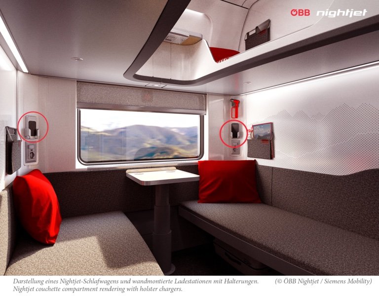 De nieuwe Oostenrijkse Nightjet trein is ’s werelds eerste nachttrein die de draadloze passagiers interface telefoonoplader van EAO gebruikt